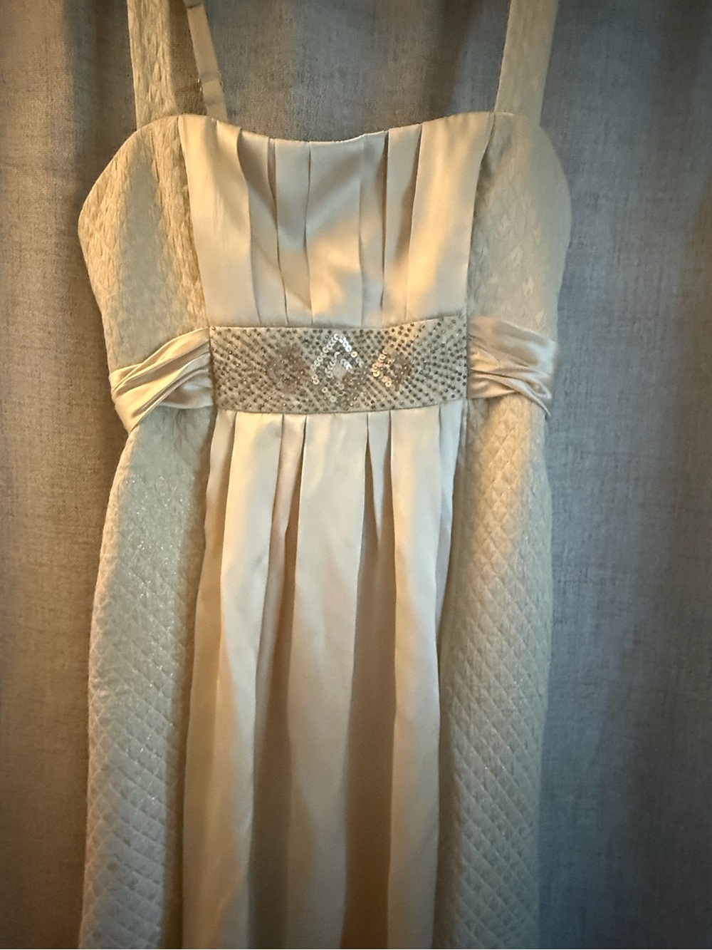Silk BCBGMaxAzria Ivory Satin Pleated Dress with Beaded Waistband - Picture 7 of 10